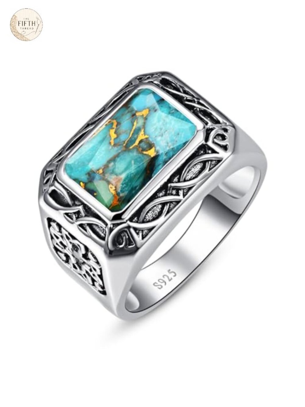 925 Sterling Silver Celtic Pattern Ring Men's Wedding Band Turquoise